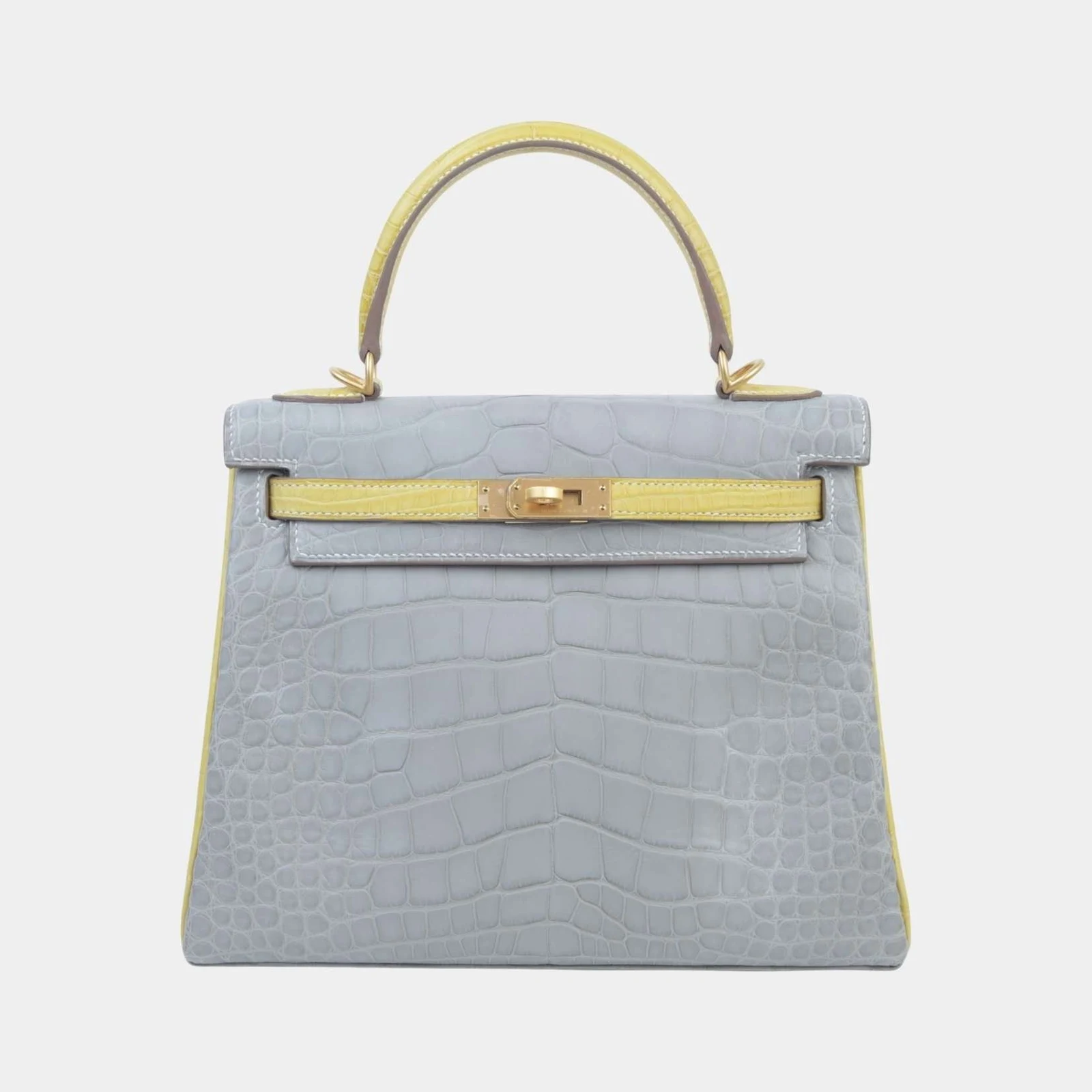 Hermès Kelly 25 Matte Alligator Gris Perle/Jaune Citron GHW
