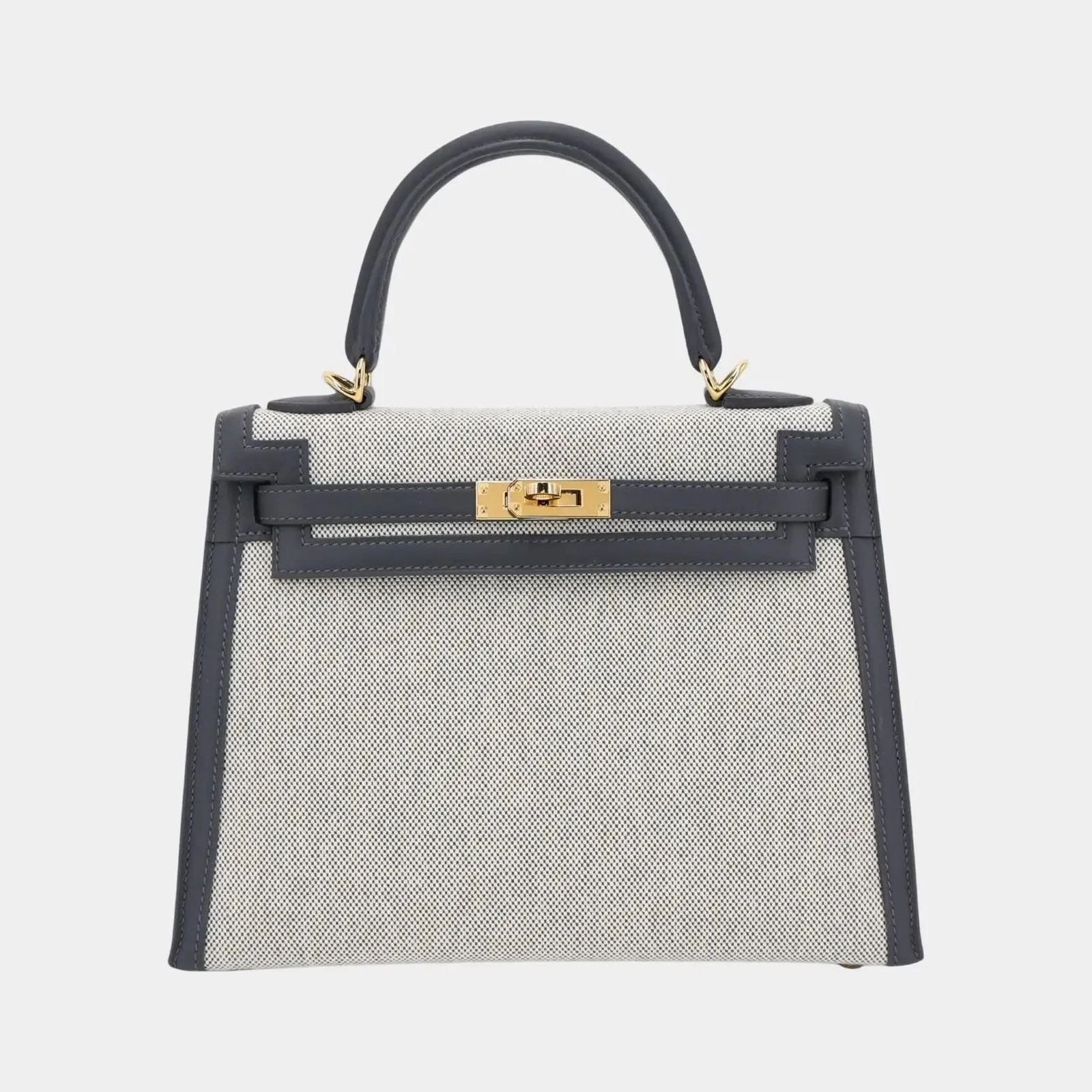Hermès Kelly 25 Sellier Swift Toile Quadrille-Canvas Ardoise/Ecru GHW