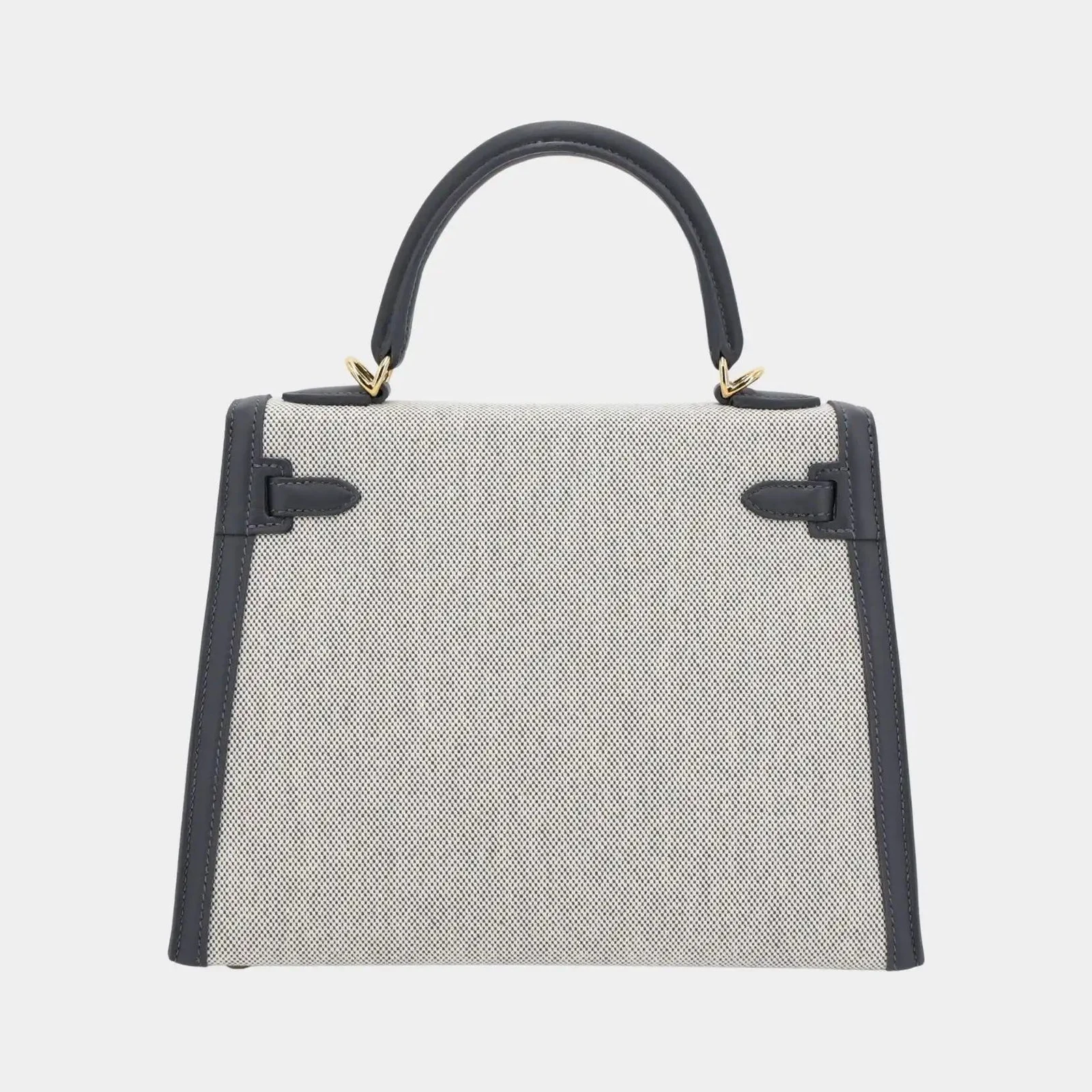 Hermès Kelly 25 Sellier Swift Toile Quadrille-Canvas Ardoise/Ecru GHW