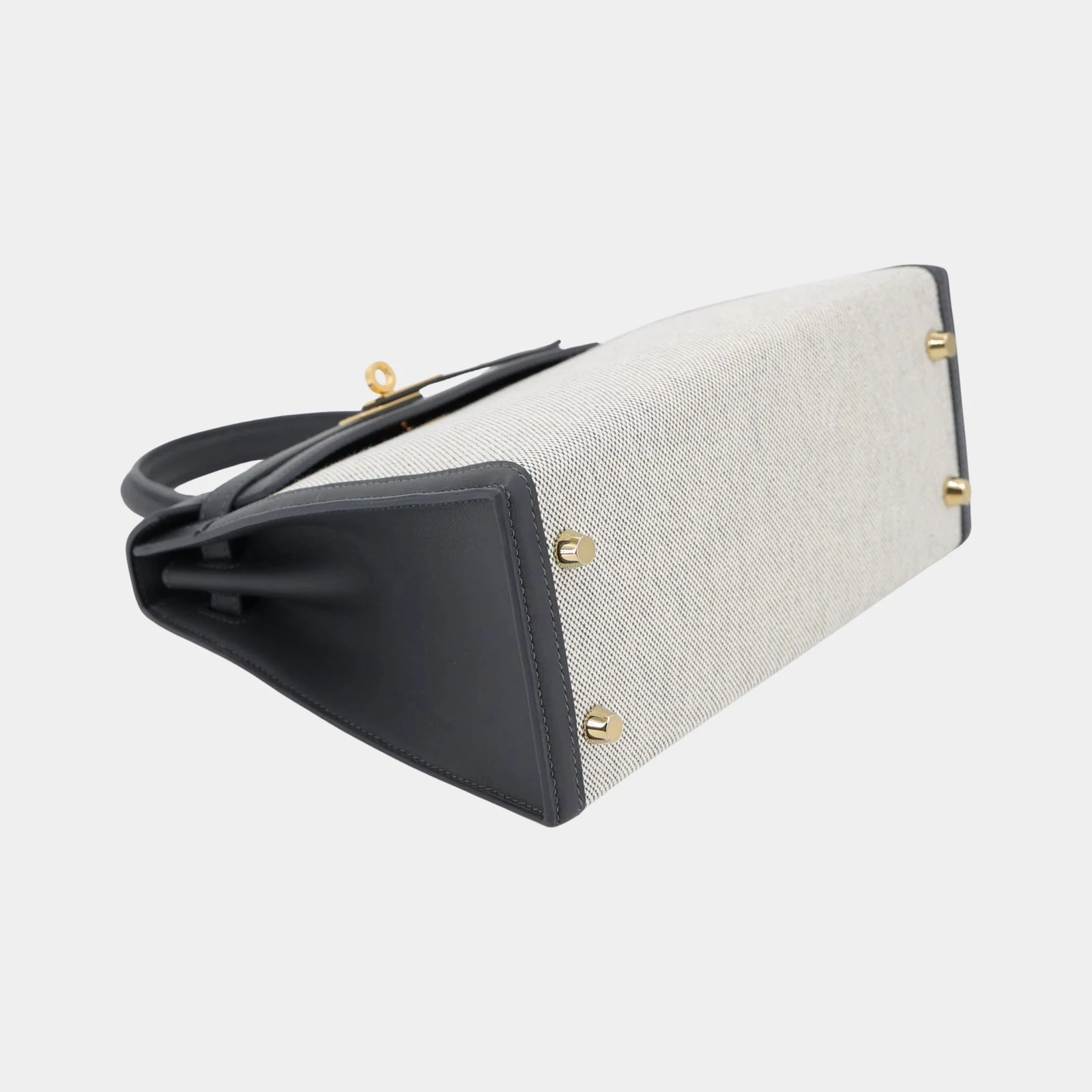 Hermès Kelly 25 Sellier Swift Toile Quadrille-Canvas Ardoise/Ecru GHW