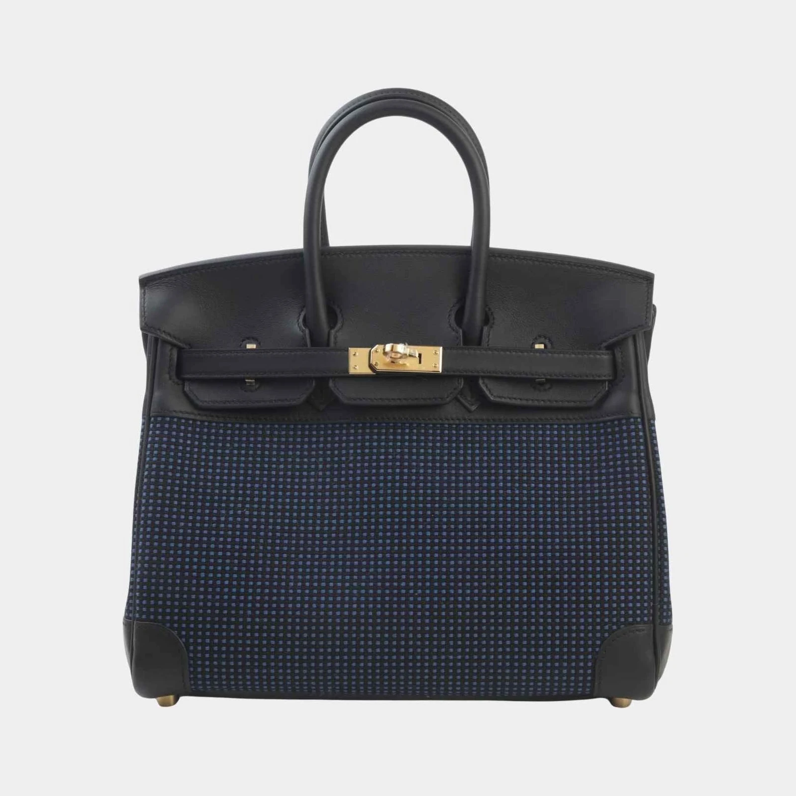 Hermès Birkin 25 Swift-Toile Quadrille Canvas Black/Bleu Egee GHW