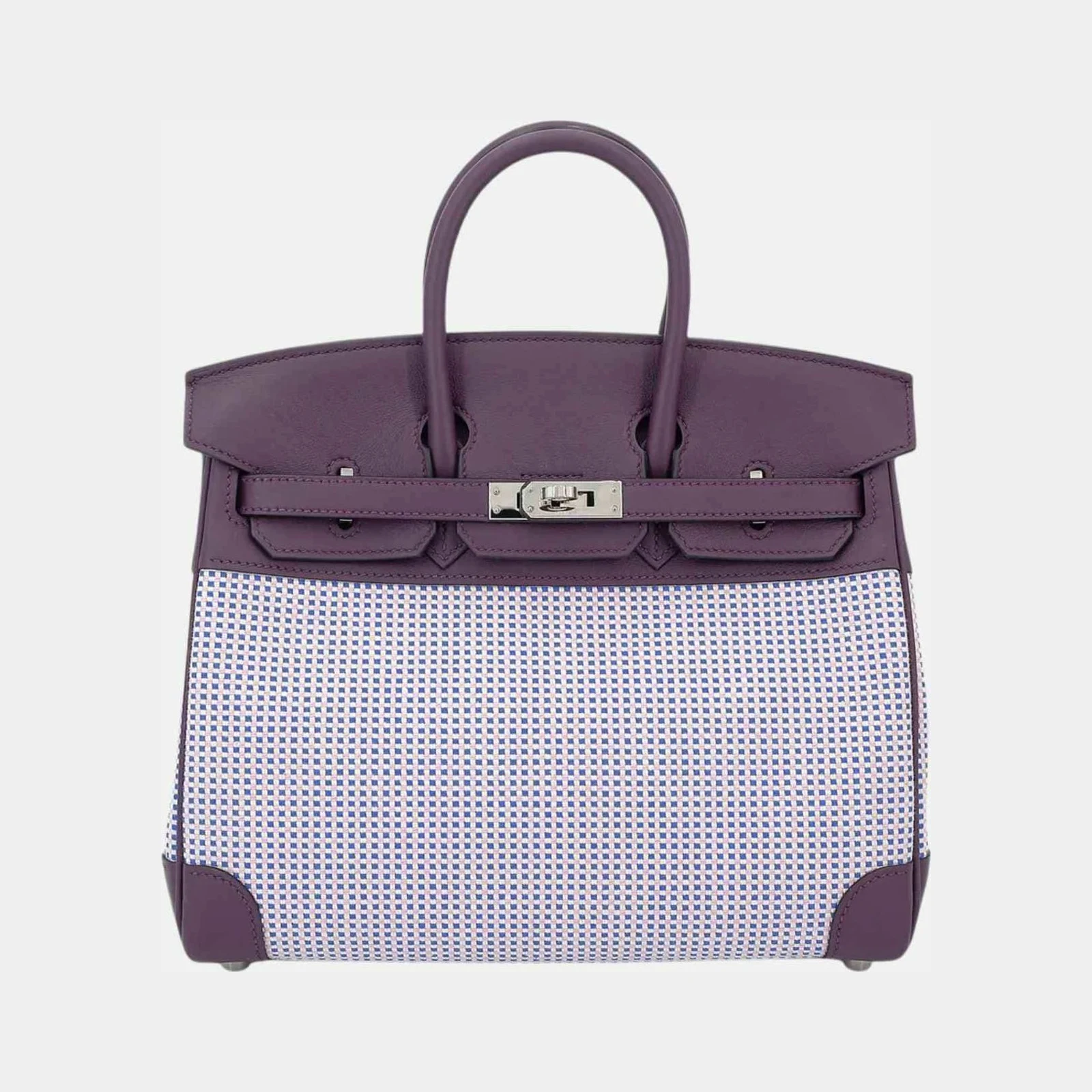 Hermès Birkin 25 Swift-Toile Quadrille Canvas Cassis/Mauve Sylvestre/Ecru PHW