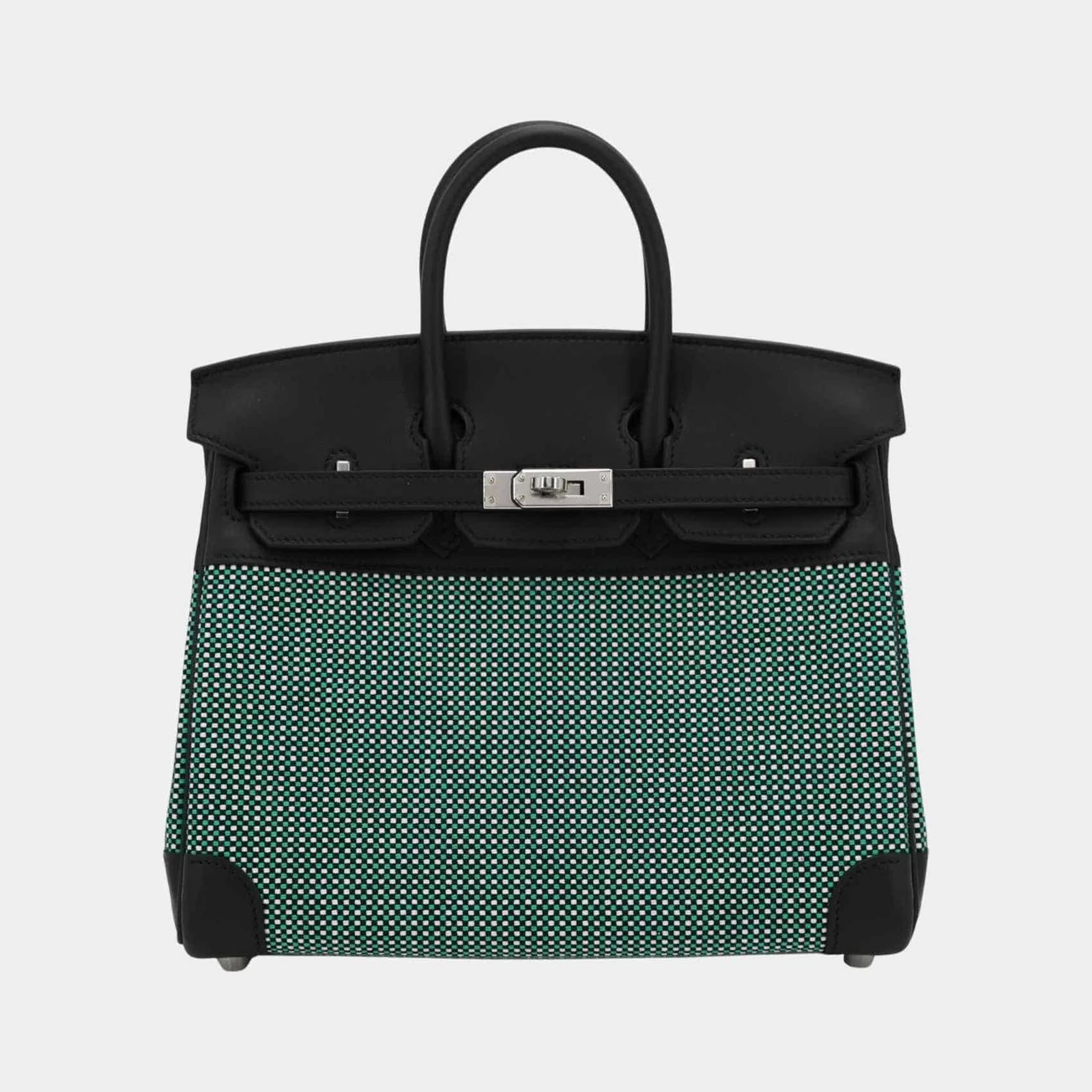 Hermès Birkin 25 Swift-Toile Quadrille Canvas Menthe/Black PHW