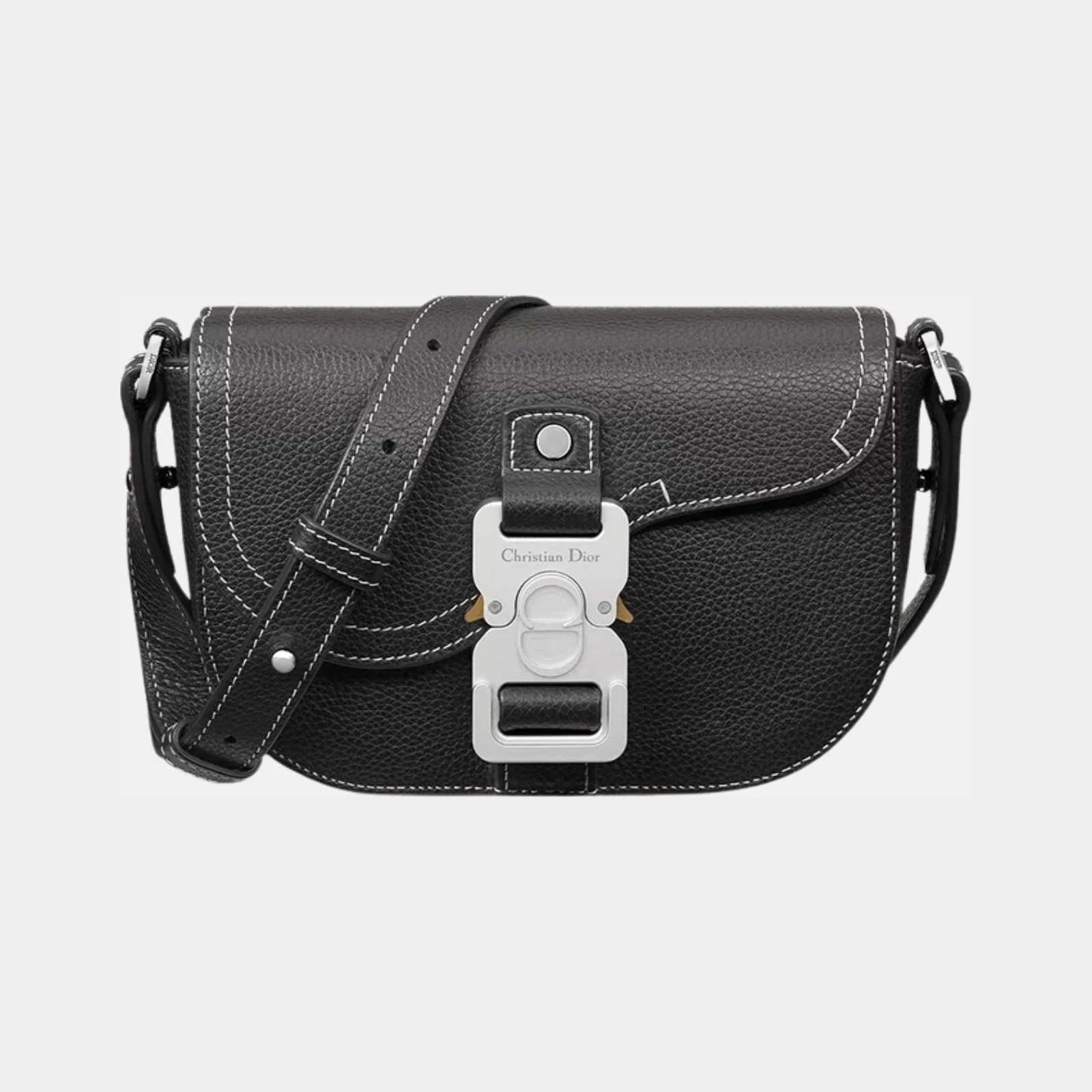 Dior Mini Saddle Messenger Bag With Flap In Black Grained Calfskin