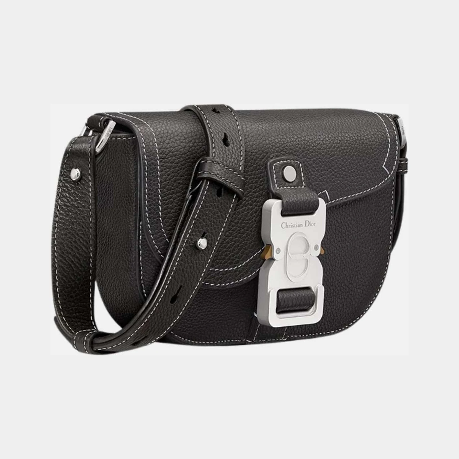 Dior Mini Saddle Messenger Bag With Flap In Black Grained Calfskin