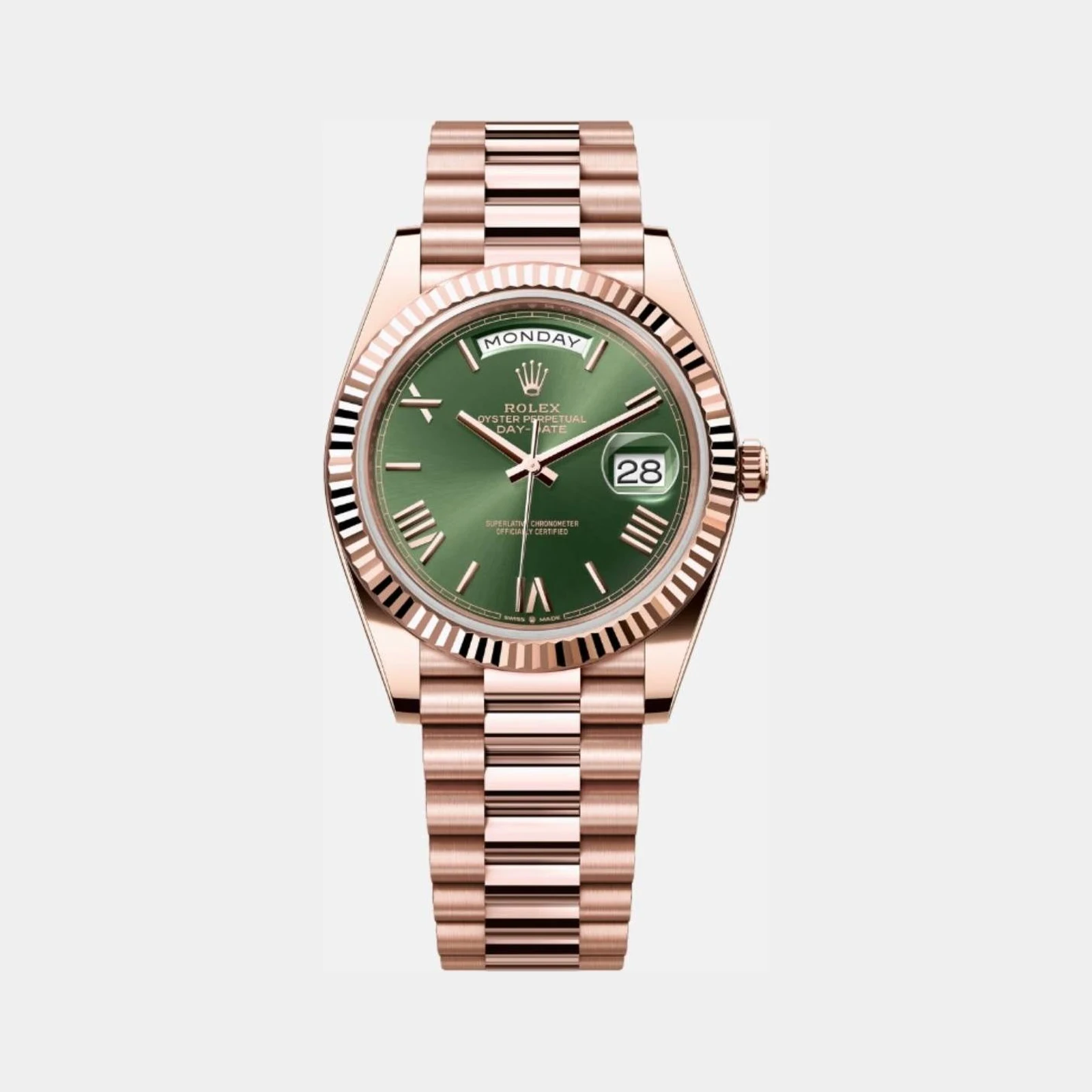 Rolex Day Date 40mm with Everose Gold Olive Dial in President Bracelet
