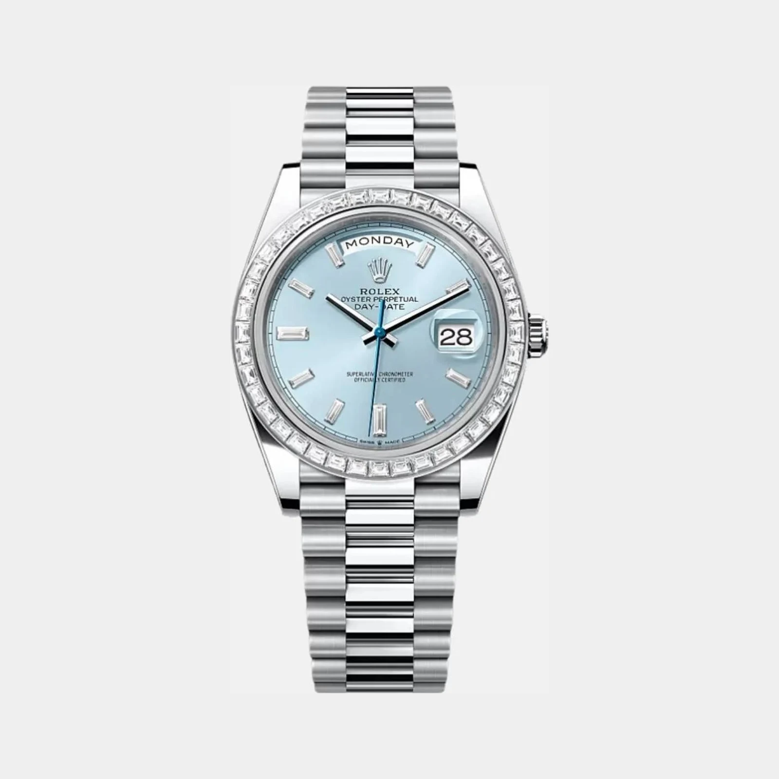 Rolex Day-Date 40 228396TBR Platinum Ice Blue Dial Baguette Bezel