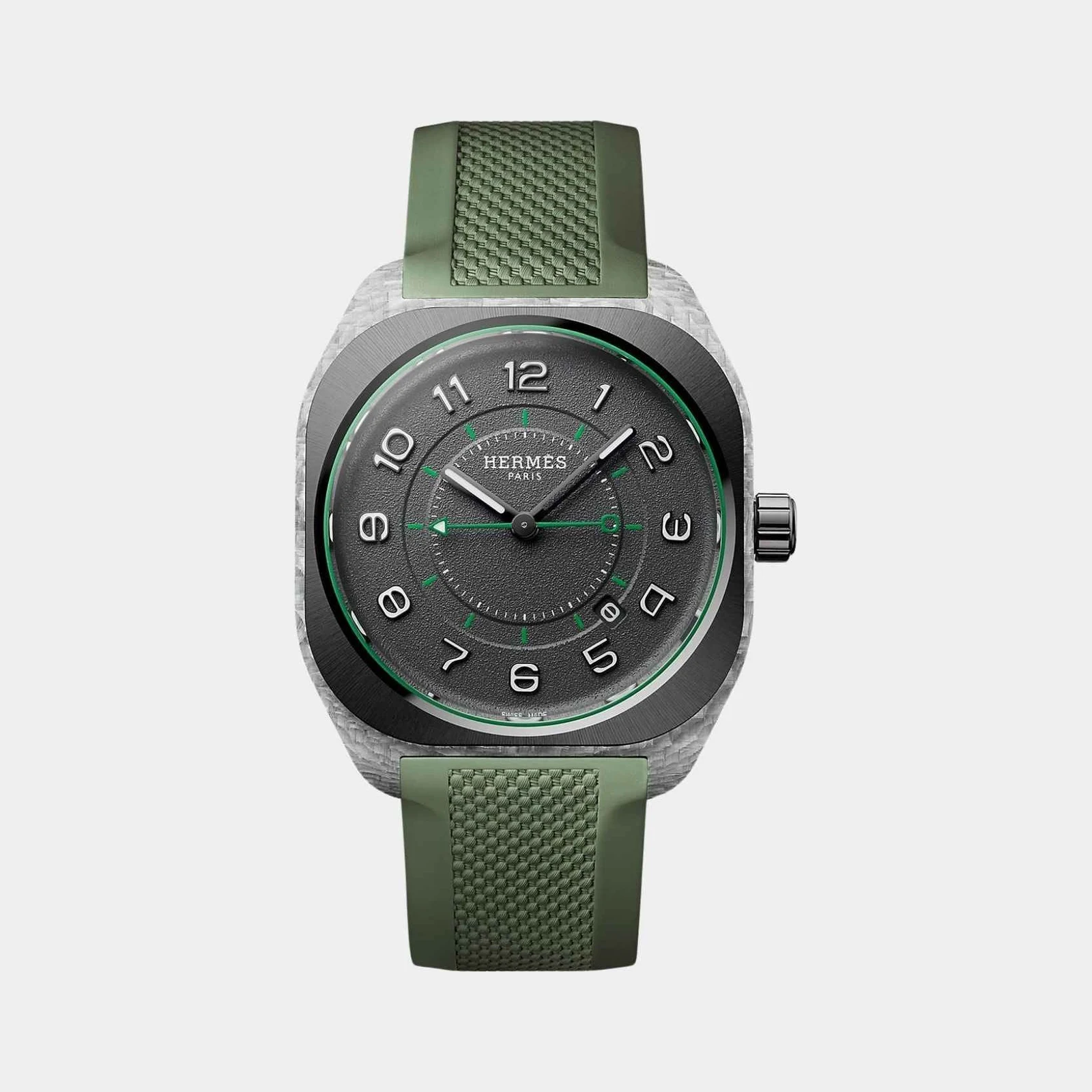 Hermès H08 Fiberglass Watch With Green Rubber Strap