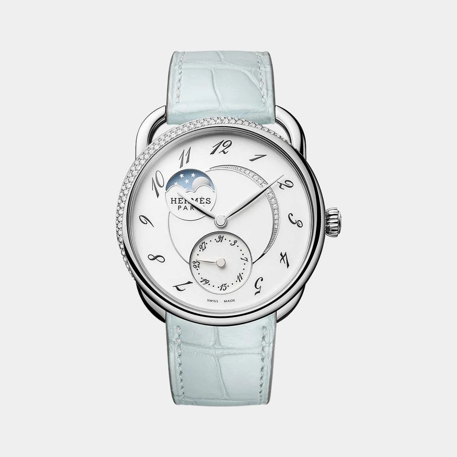 Hermès Arceau Petite Lune 38mm Watch Misty Blue Alligator Strap