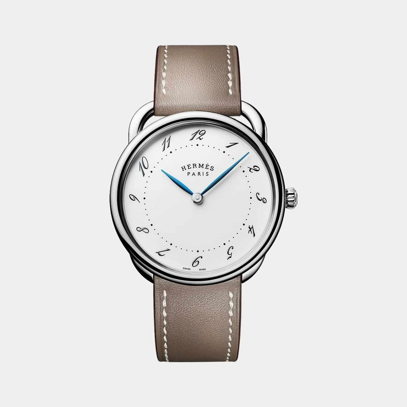 Hermès Arceau 36 mm Steel Watch With Etoupe Swift Calfskin Strap