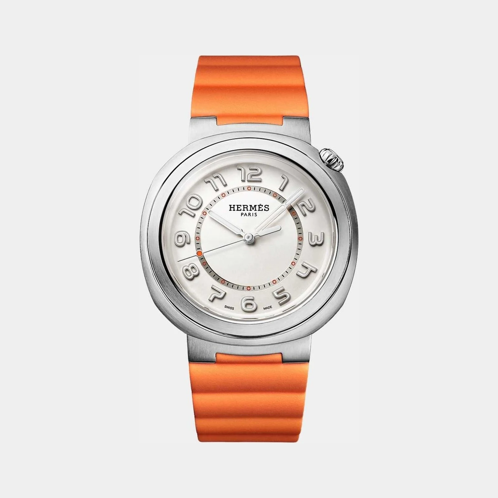 Hermès Cut 36 mm Steel Watch With Orange Rubber Strap