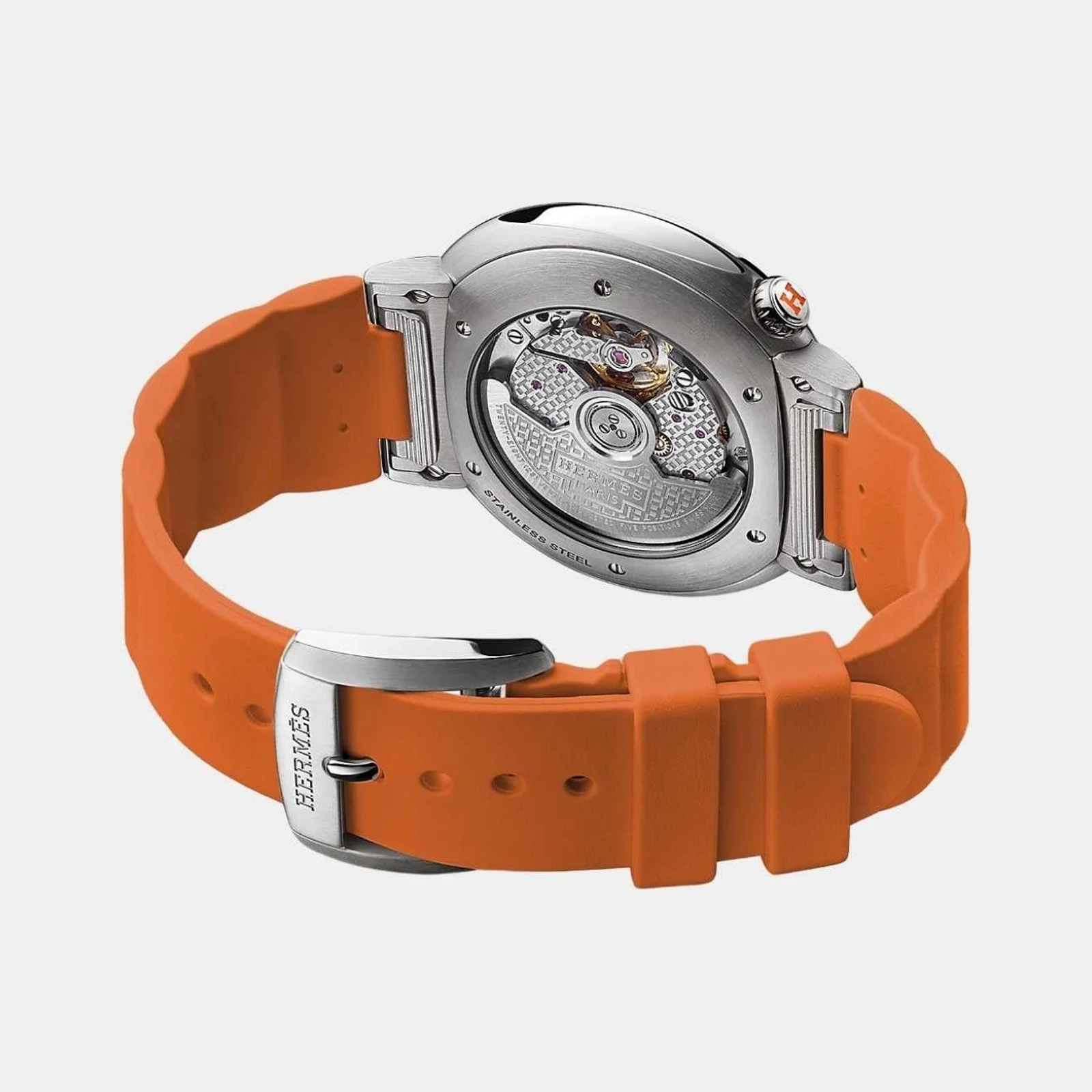 Hermès Cut 36 mm Steel Watch With Orange Rubber Strap
