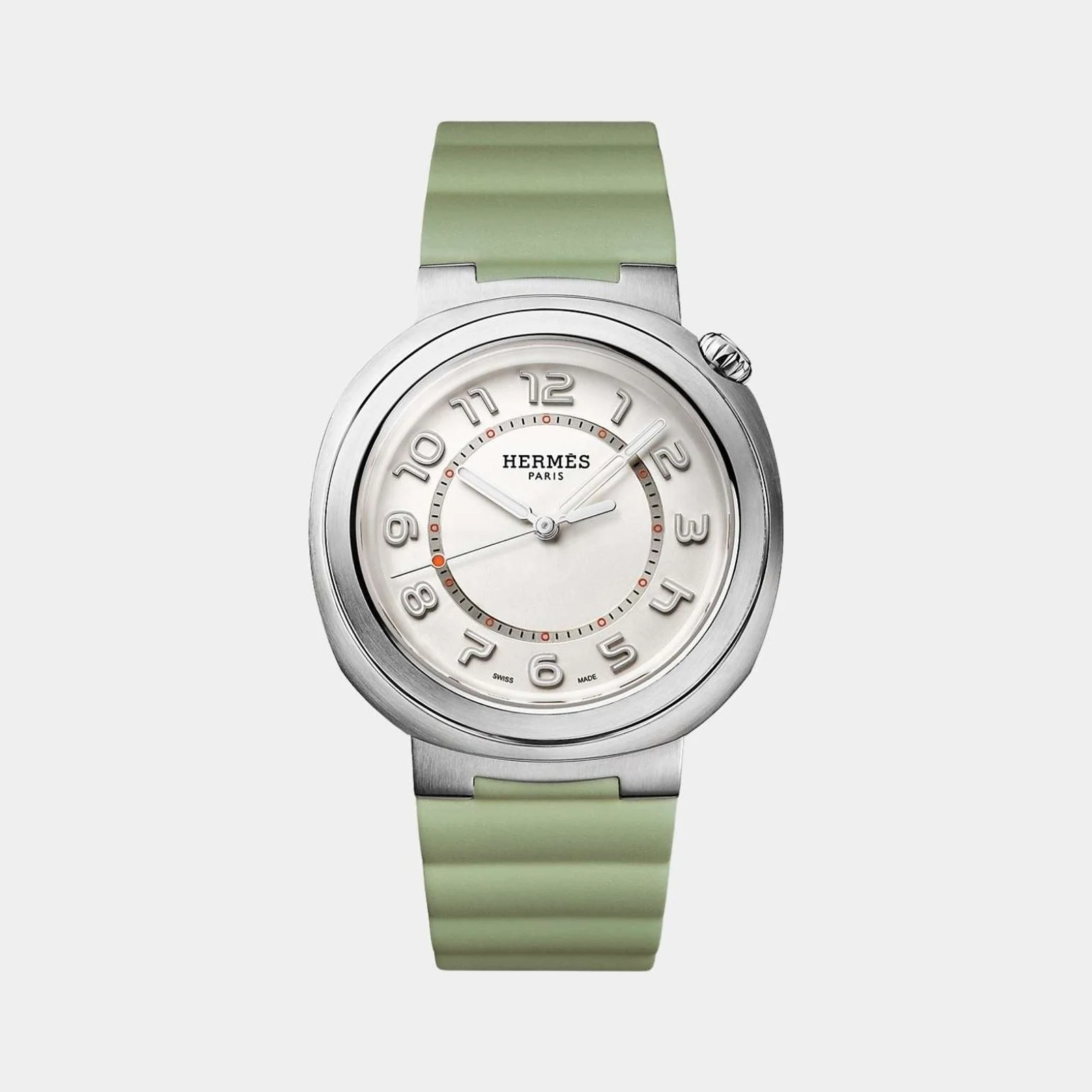 Hermès Cut 36 mm Steel Watch With Cricket Green Rubber Strap