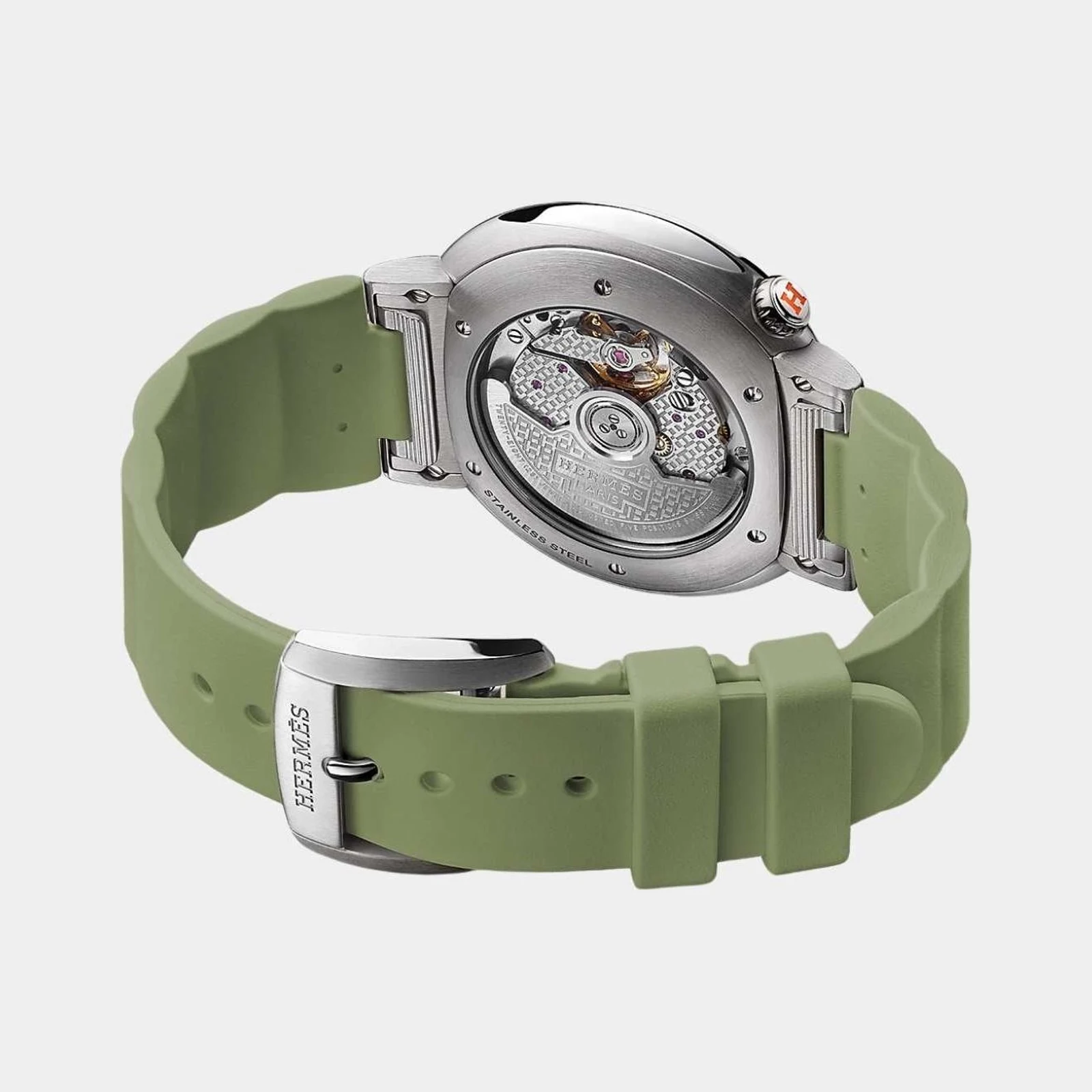 Hermès Cut 36 mm Steel Watch With Cricket Green Rubber Strap